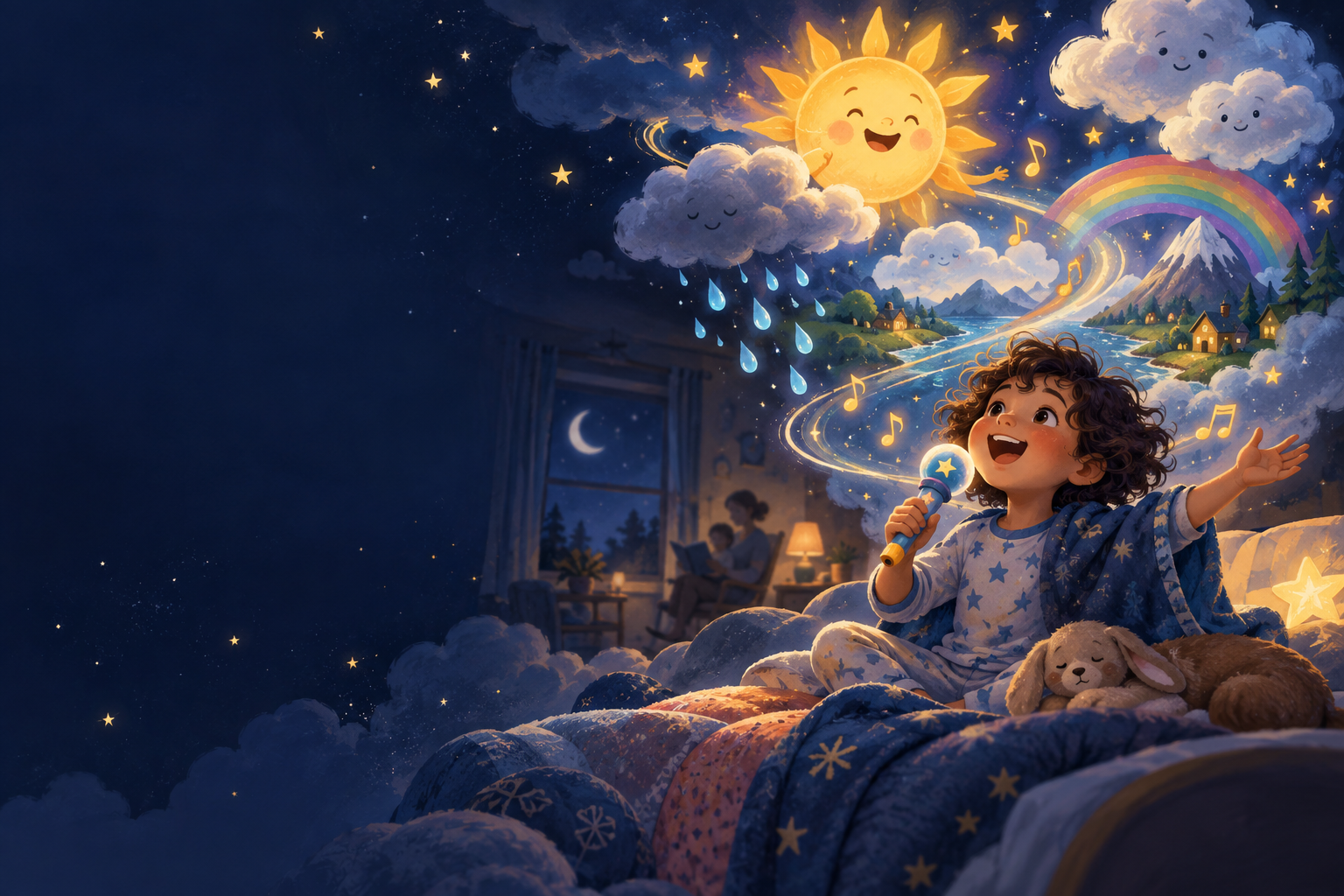 A child imagining a magical world of music, sunshine, clouds and stars during story time